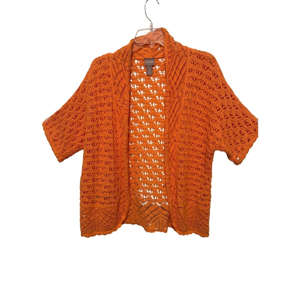 Chicos Orange Linen Cotton Pointelle Open Front Cardigan Sweater Womens Size 2 L